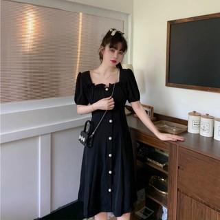 Đầm cổ vuông nút ngọc 2 màu