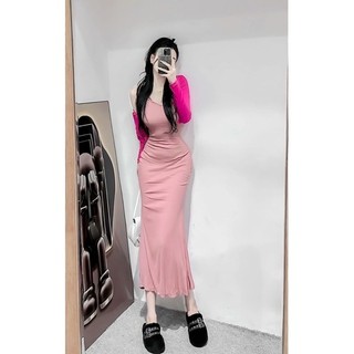 SET ĐẦM HAI DÂY ĐUÔI CÁ DÁNG DÀI PHỐI ÁO KHOÁC LỬNG