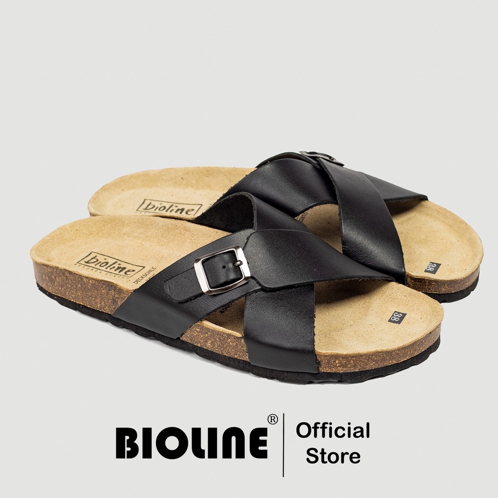 ( Mẫu Da Thật ) D17 - Dép Birken Đế Trấu BIOLINE Official Thiết Kế Unisex Quai Da Bò Chữ X Khóa Cài