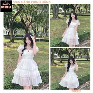 Váy công chúa cổ yếm 3 tầng bánh bèo bồng bềnh, Đầm voan trắng 2 lớp tiểu thư điệu đà đi chơi đi tiệc cực xinh - MIXU