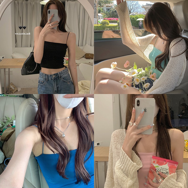 Áo hai dây LANJIEXI dệt kim màu sắc đơn giản thời trang quyến rũ cho nữ