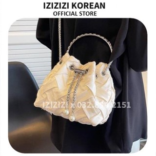 túi xách nữ trắng họa tiết đan xen [FREESHIP] túi xách tay chéo mini phối chuỗi ngọc siêu xinh IZ7788A
