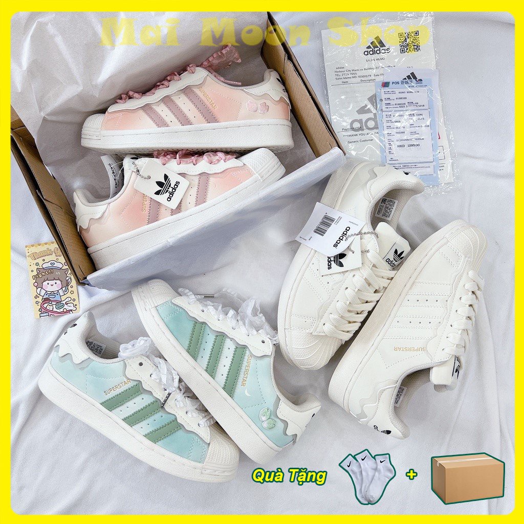 Giày _Adidas Superstar 3 Màu Kem, Xanh, Hồng, Giày Thể Thao Nữ Mẫu Mới 2022 _Adidas Sò 3 Sọc Dành Cho Nữ Full Phụ Kiện