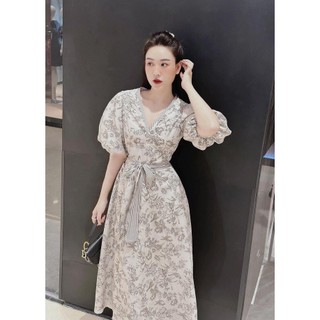 Đầm lụa bông cao cấp dáng midi tay ngắn phồng , cổ chữ V có chiết eo tôn dáng