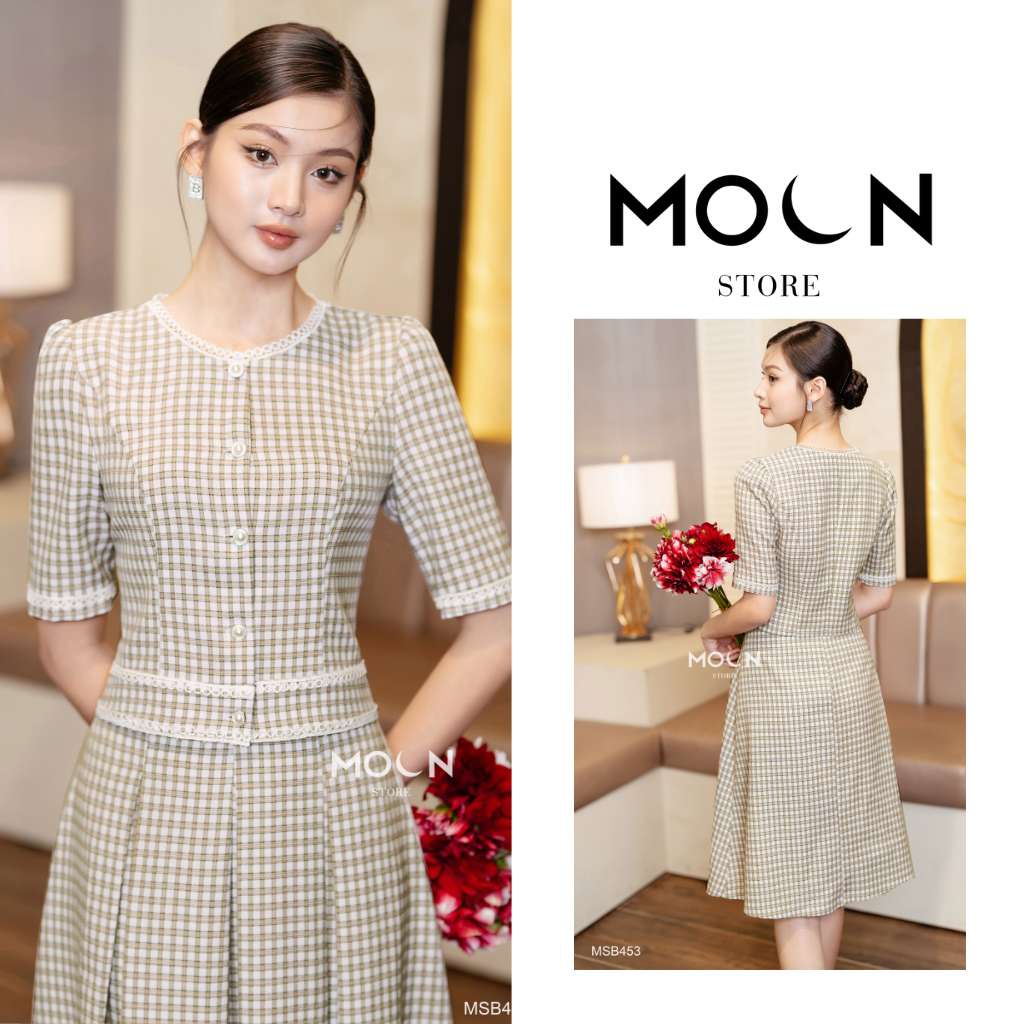 Set áo chân váy công sở, áo dáng ngắn mix chân váy đũi kẻ dáng xếp ly dài sang chảnh MSB453