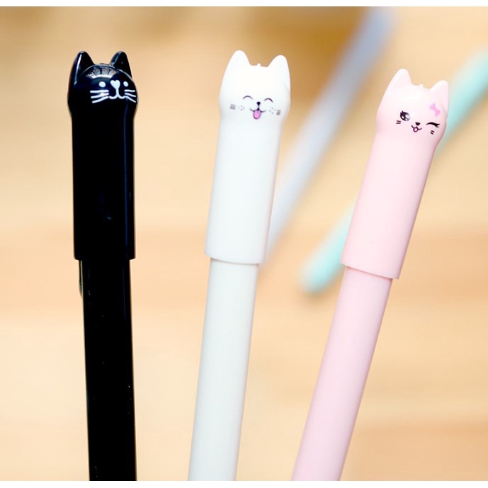 Bút Gel Ngòi 0.5mm Màu Trơn Đầu Mèo, Bút Gel Hình Mèo Dễ Thương