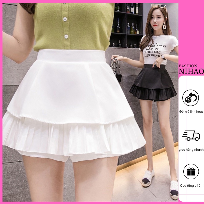 Chân Váy Nihao Mẫu Xếp Ly 2 Tầng Dáng Xòe Xếp Ly Lưng Cạp Cao (Có Quần Trong) Dịu Dàng Dễ Thương