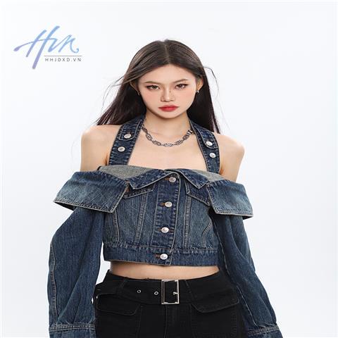 Áo Khoác Denim Dáng Rộng Hở Vai Thời Trang Mùa Xuân 2023 Phong Cách Mỹ Hàng Mới Dành Cho Bạn Nữ