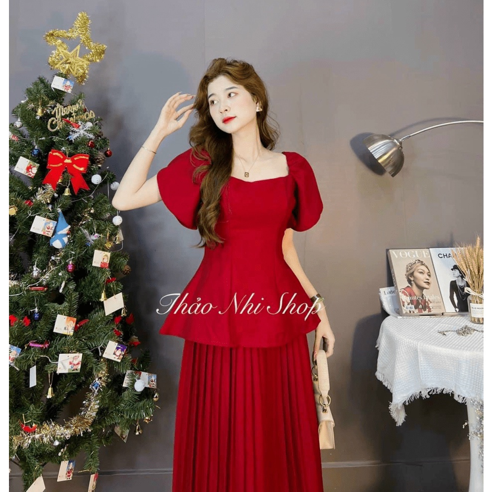 Set Bộ Nữ Đi Chơi Đầm Xếp Ly Dáng Xòe Kết Hợp Áo Tay Phồng Cổ Vuông Mặc Siêu Xinh NEW UNISEX