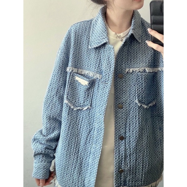 Áo khoác Denim dáng rộng màu xanh mint thêu dệt kim 2023