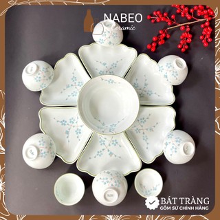 Bộ Bát Đĩa Cúng Gia Tiên Hoa Mai Xanh, Bộ Mặt Trời Thắp Hương Đường Kính 45cm 15 Chi Tiết - Gốm Sứ Bát Tràng