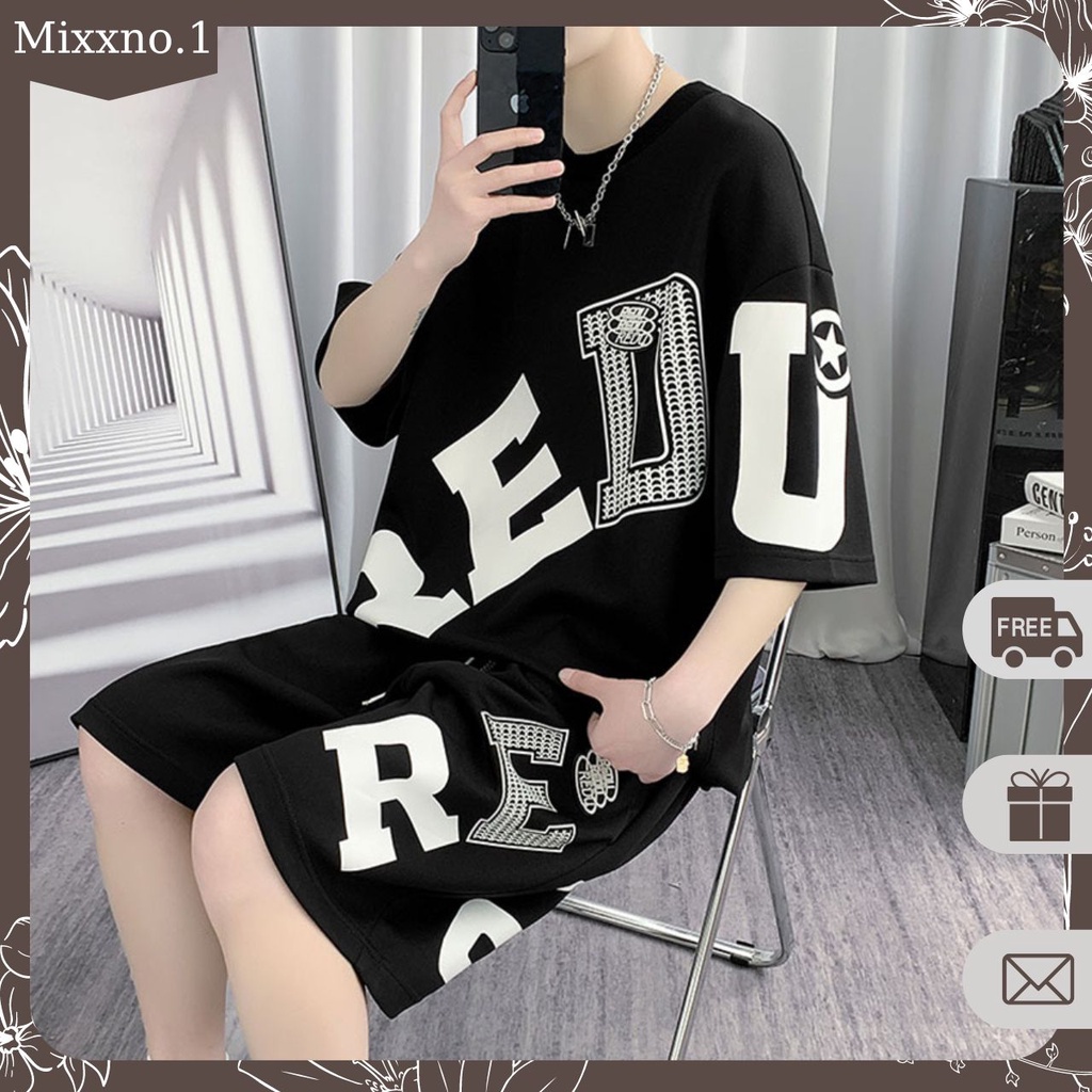 Bộ Đồ Nam Mùa Hè Áo Thun Tay Ngắn Cổ Tròn Kèm Quần Short Hình In Lớn REDU Thời Trang Mixxno.1 QA NAM 135