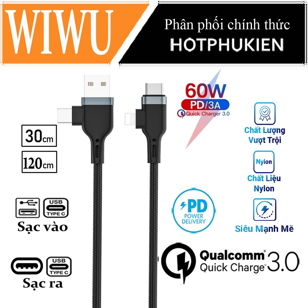 Dây cáp sạc nhanh 60W 4 in 1 USB C + USB A ra Type C + Light hiệu WIWU PT06 (PD 3.0 và QC 4.0) - Hotphukien Phân Phối