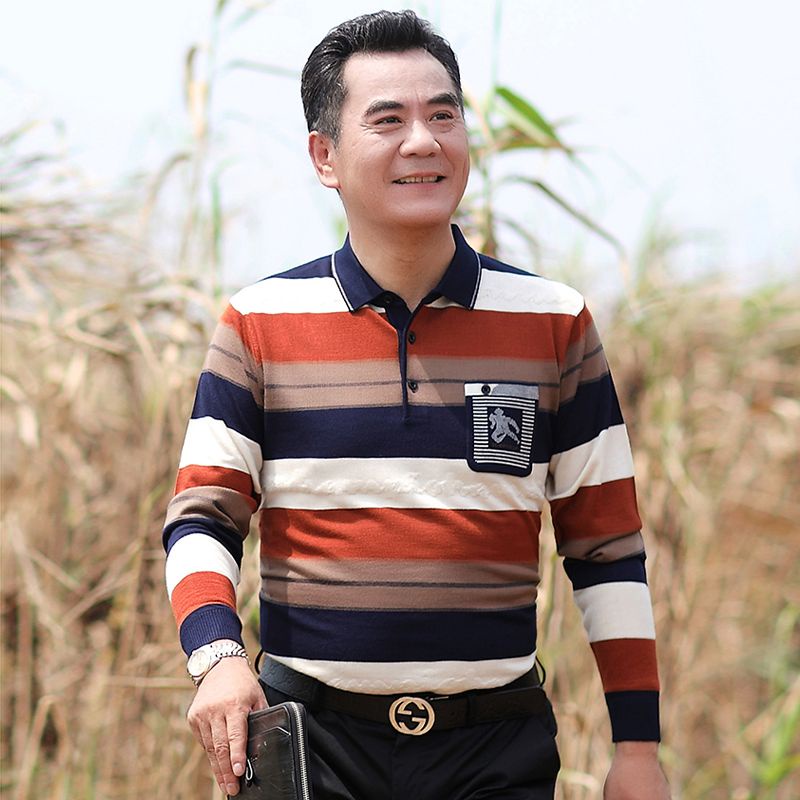 Bố mùa xuân và mùa thu áo thun dài tay có đáy áo sơ mi trung niên và người già ve áo dệt kim cỡ lớn
