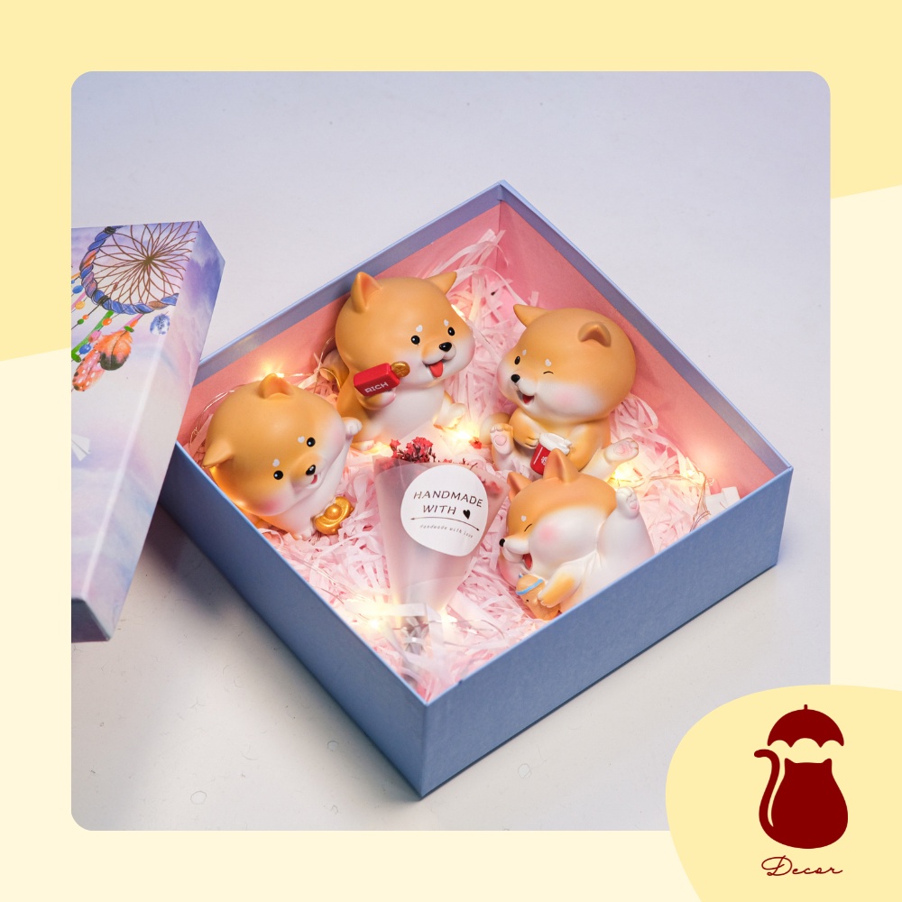Set mô hình 4 chú cún Ô DECOR, mô hình chó cún Shiba tài lộc may mắn full biểu cảm dễ thương trang trí để bàn làm việc