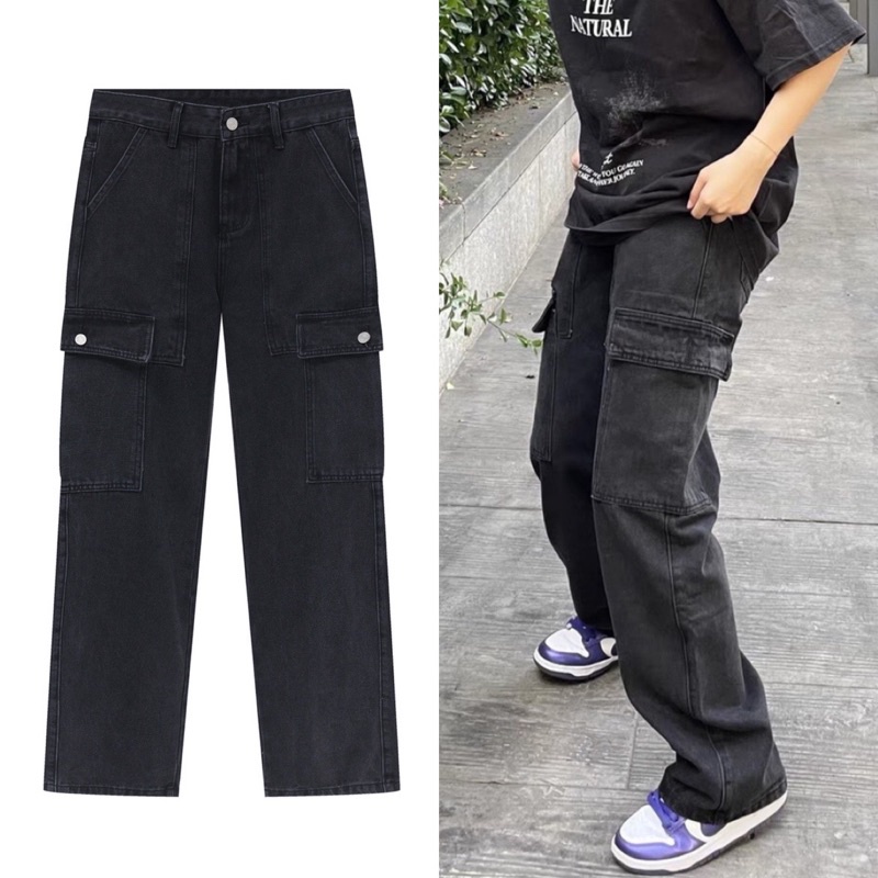 Quần Jeans Cargo Túi Hộp Ống Suông Màu Đen