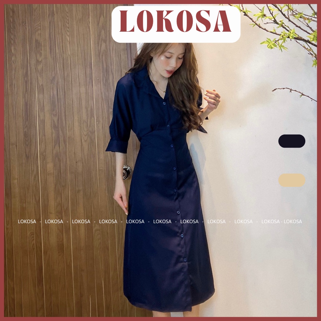 Đầm midi sơ mi nữ dáng dài LOKOSA Váy công sở Vintage màu trơn tay phồng thanh lịch đáng yêu VD006 | BigBuy360 - bigbuy360.vn