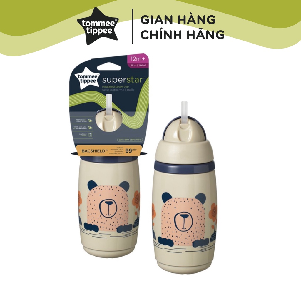 Bình uống nước giữ nhiệt có ống hút kháng khuẩn chống tràn, chống sặc cho bé Tommee Tippee SuperStar 266ml – Xám