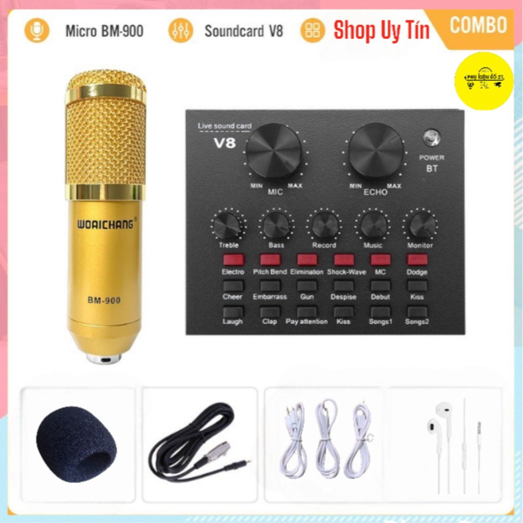 Combo Soundcard V8 Chính Hãng Bluetooth + Mic Karaoke Livetream BM 900, Có AutoTune Mua về là xài luôn