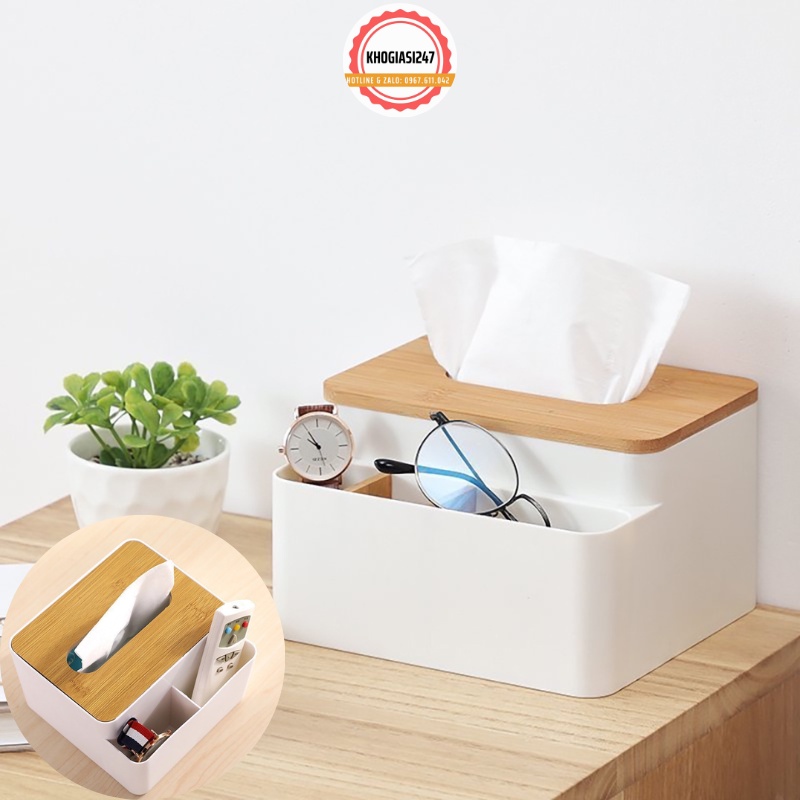 Hộp đựng khăn giấy ăn để bàn nắp gỗ, thiết kế 3 ngăn gồm hộc đựng vật dụng tiện ích, sản phẩm đẹp, tinh tế, trang nhã.