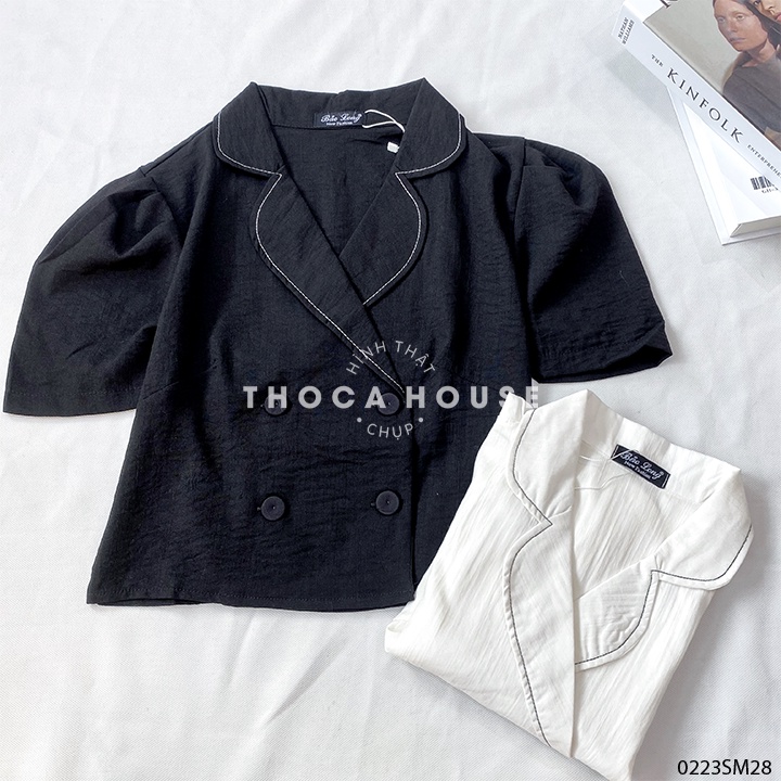 [Mã BMLT35] Áo sơ mi croptop công sở tay ngắn kiểu viền cổ 4 nút THOCA HOUSE trắng, đen phong cách thanh lịch, trẻ trung