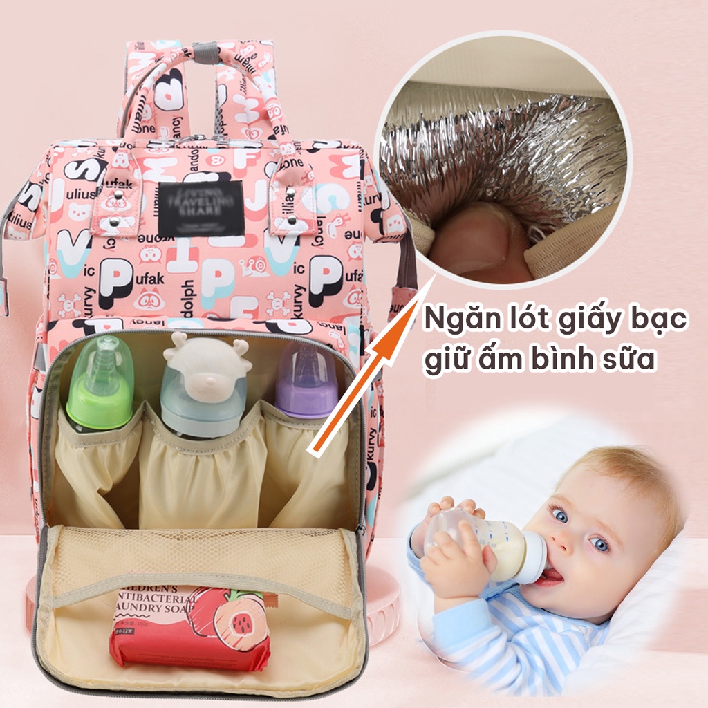 Balo bỉm sữa (BL26), Túi đựng đồ cho trẻ sơ sinh dung tích lớn vải chống thấm, Ba lô mẹ và bé họa tiết mới