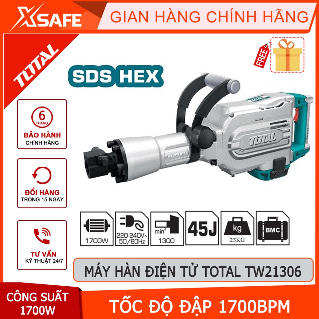 Máy đục bê tông TOTAL TH215456 Máy khoan đục công suất 1700W, tốc độ đập 1700 bpm, lực đập 45J, kèm 2 mũi đục nhọn 30mm