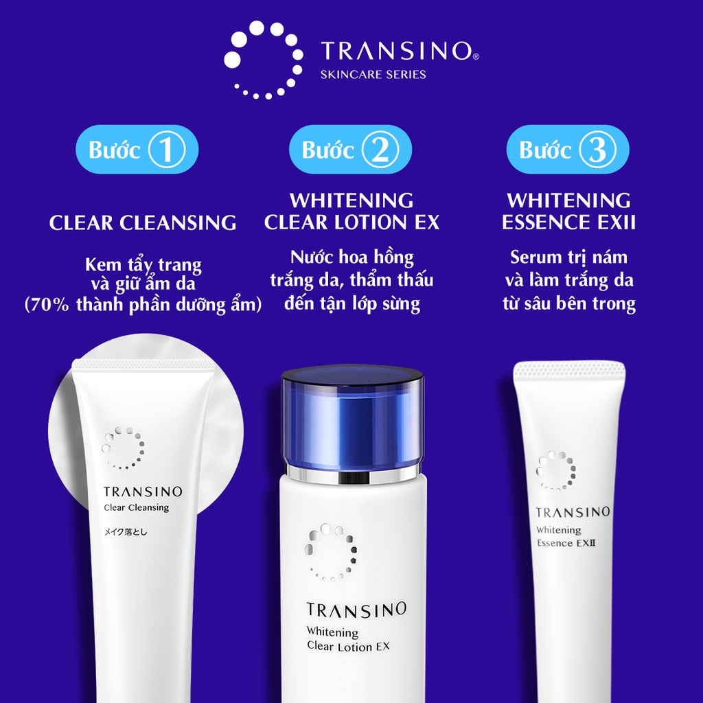 Bộ 3 Sản Phẩm Dưỡng Trắng Da TRANSINO Clear Cleaning - Clear Lotion - Essence EX II