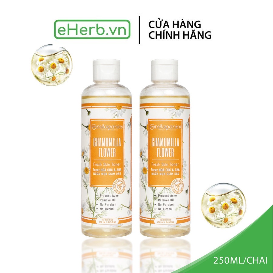 Combo 2 toner nước cân bằng hoa cúc & AHA 5% ngừa mụn, giảm dầu dành cho da dầu mụn MILAGANICS 250ml (chai)