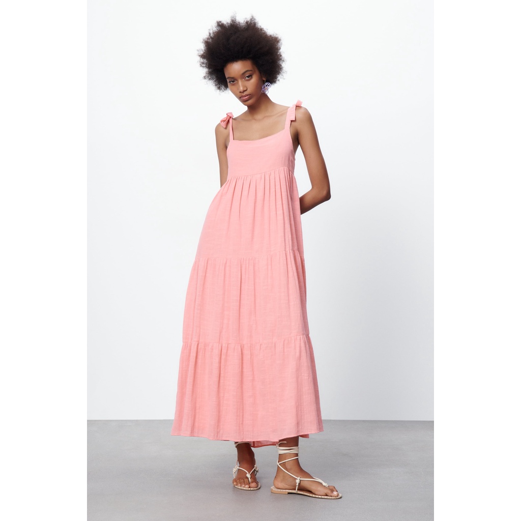 ZARA Đức - Đầm maxi hai dây thun cotton thun lưng dài xòe đi biển màu hồng pastel sale auth new cao cấp có sẵn 7521/303