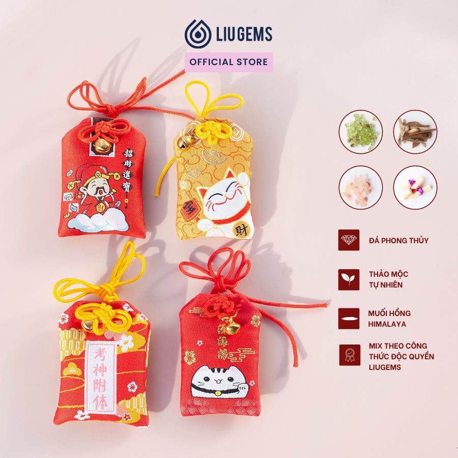 Túi Phước Omamori May Mắn Liugems Đeo Bên Người, Mix Đá, Thảo Mộc, Muối Hồng Himalaya Mang Tài Lộc, Tình Yêu