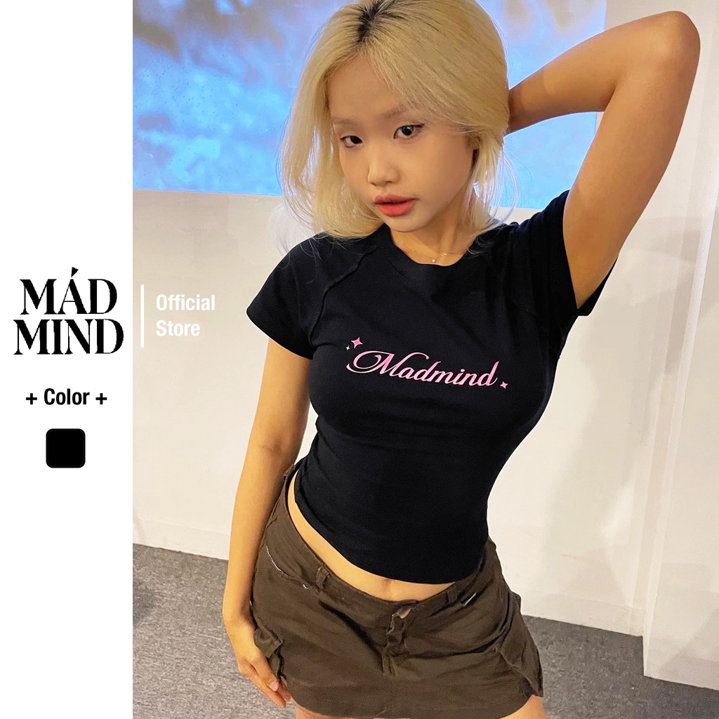 MADMIND | Form Body | Bling Bling - Áo Thun In Kim Tuyến Hồng Ôm Tay Ngắn, Premium Cotton Màu Đen