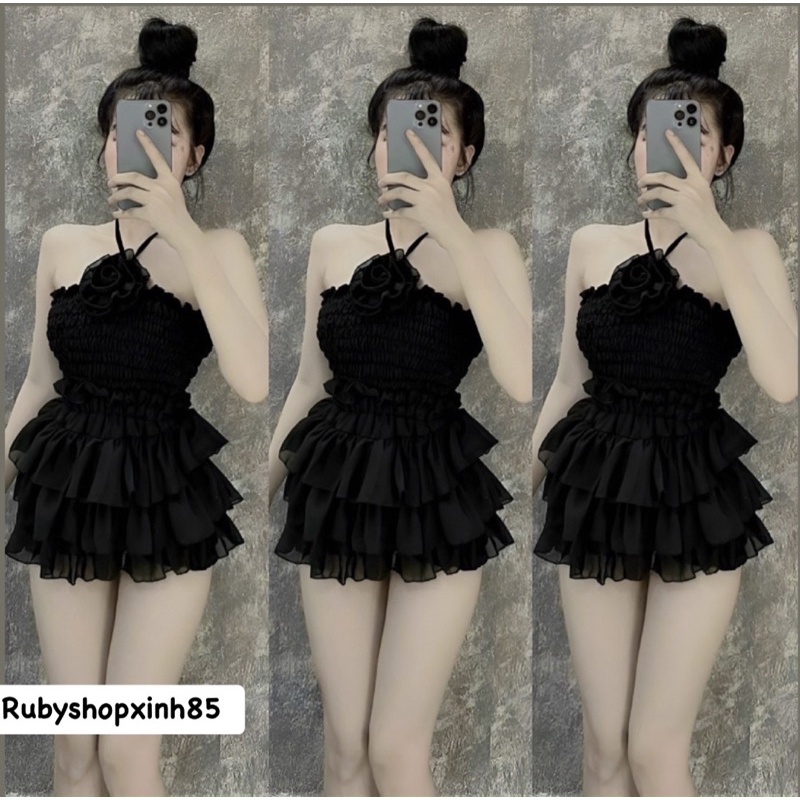 SÉT BỘ ÁO CỔ YẾM COTOP BO CHUN & CHÂN VÁY VOAN TẦNG CÓ LÓT KIỂU DÁNG SEXY