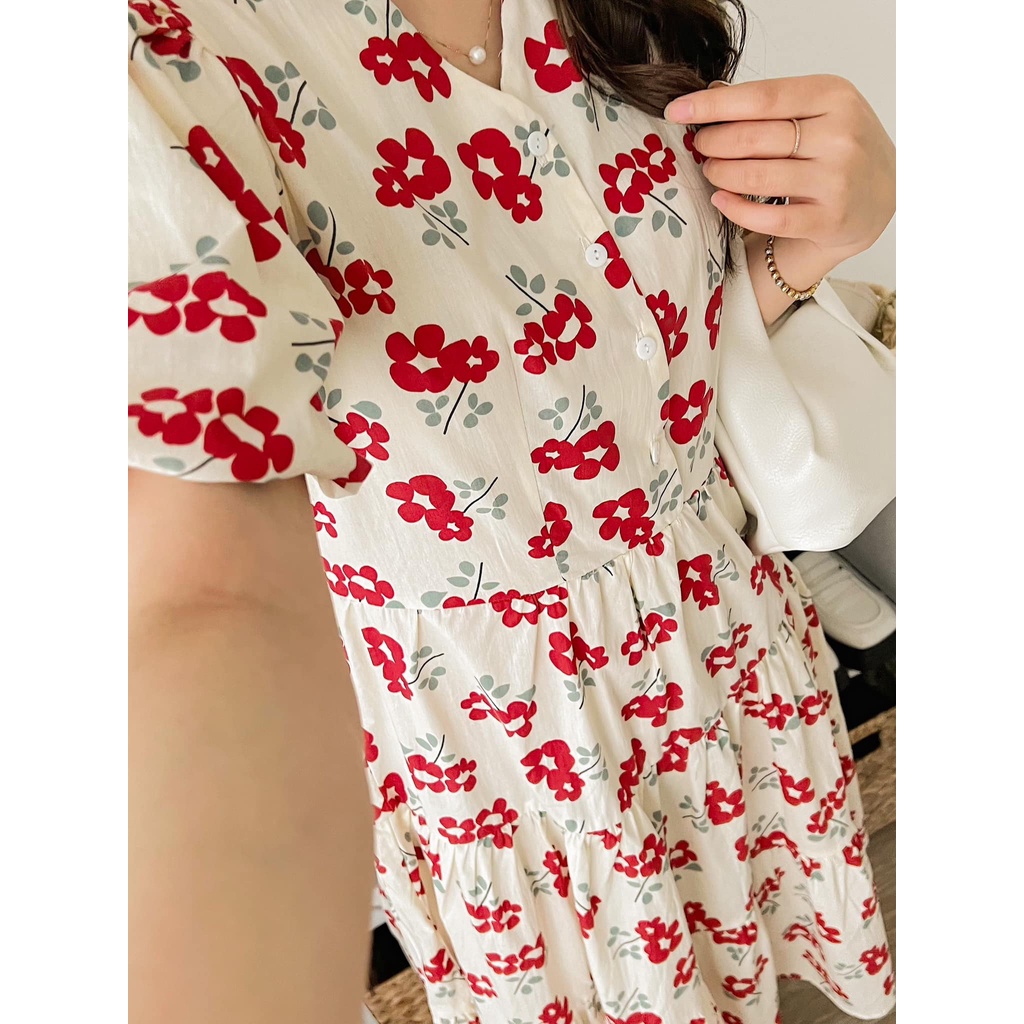 Váy hoa nhí du lich biển vintage body dáng dài tay ngắn ulzzang cổ tròn , Đầm baybydoll thiết kế dự tiệc
