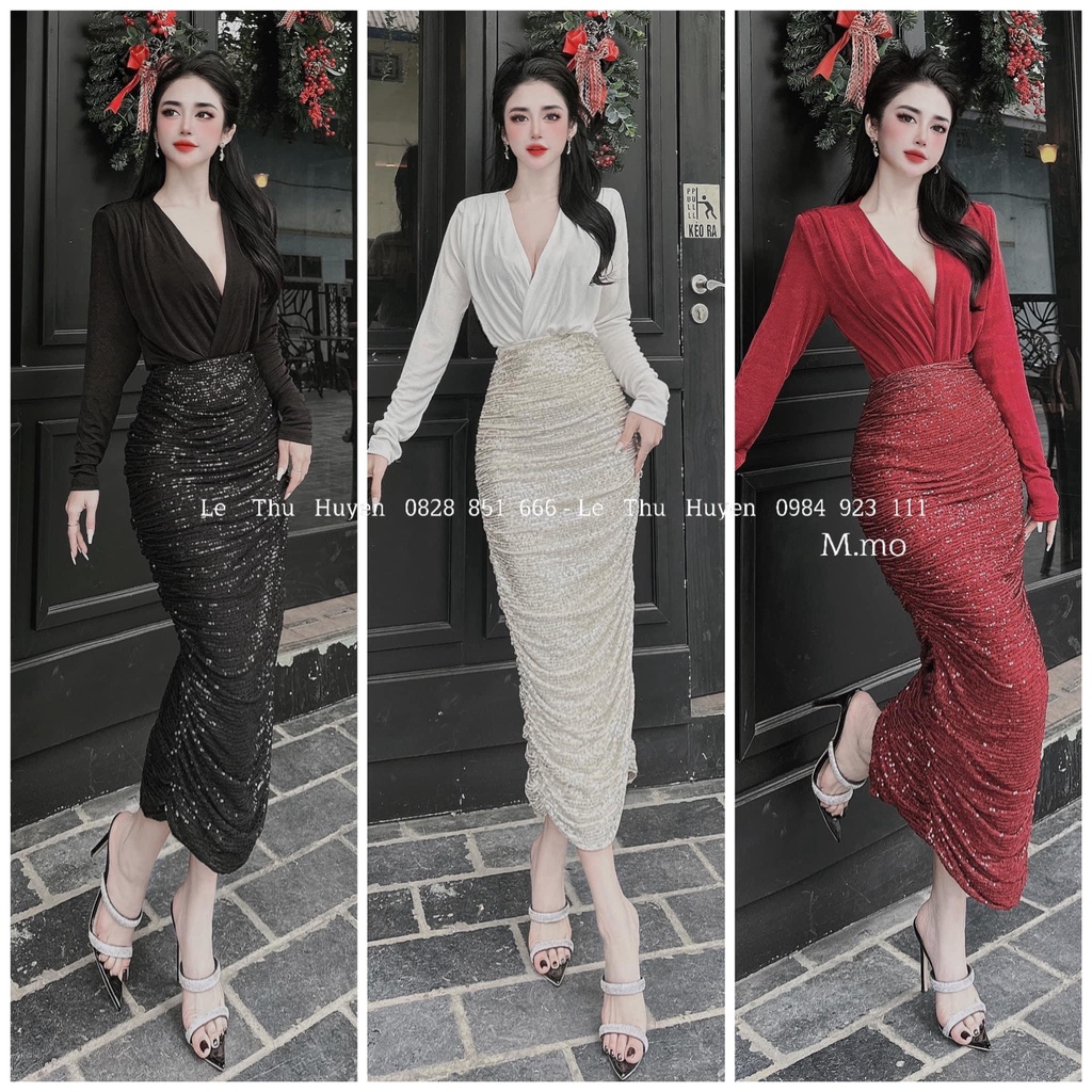 Set, Bộ đồ Áo cổ chéo kèm Chân váy đính kim sa lấp lánh, hàng M.Mo, sang xịn, video shop quay