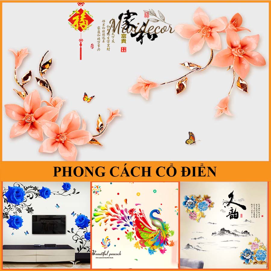 Decal dán tường Mividecor phong cách cổ điện hoa trúc giả cổ