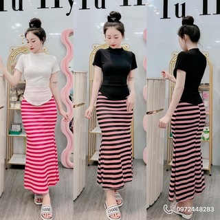 Sét váy sọc đuôi cá áo cổ lọ
