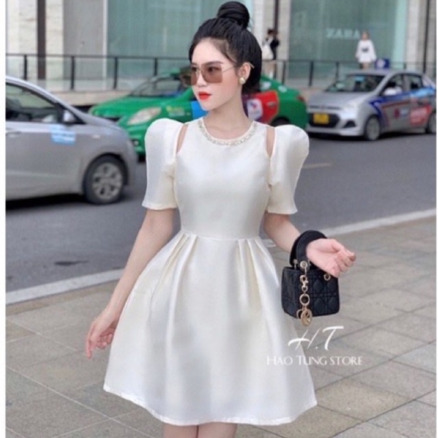 Đầm Tafta Hở Vai Cổ Đá Sang Chảnh, Đầm Đi Tiệc Cut Out Hàng Thiết Kế Cao Cấp Có Sẵn Lekemqc