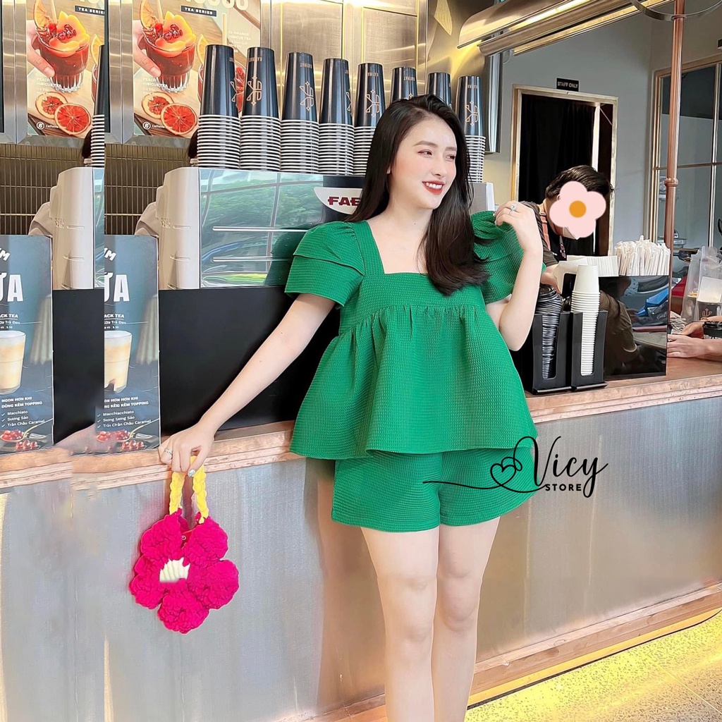 Set đồ nữ đi chơi áo babydoll quần short chất dạ xước, Set bộ dể thương Vicy SBO004