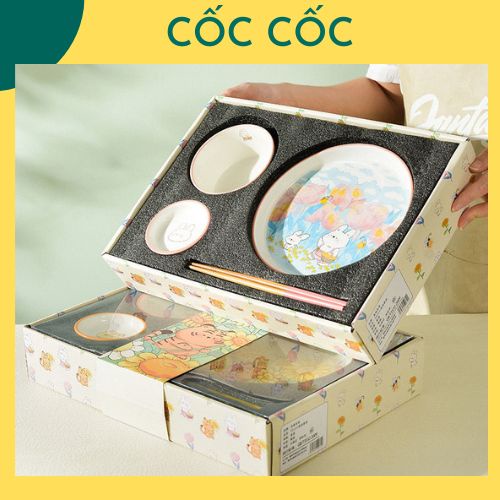 Set chén bát đĩa sứ Healing Stories Cốc Cốc họa tiết gấu thỏ hoạt hình dễ thương dùng ăn cơm hàng ngày, quà tặng