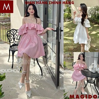 Váy Nữ Trễ Vai Tay Bồng Dáng Xòe Tiểu Thư Style Hàn Quốc 2 Màu Trắng Hồng - Đầm công chúa bánh bèo ulzang - MAGIDO