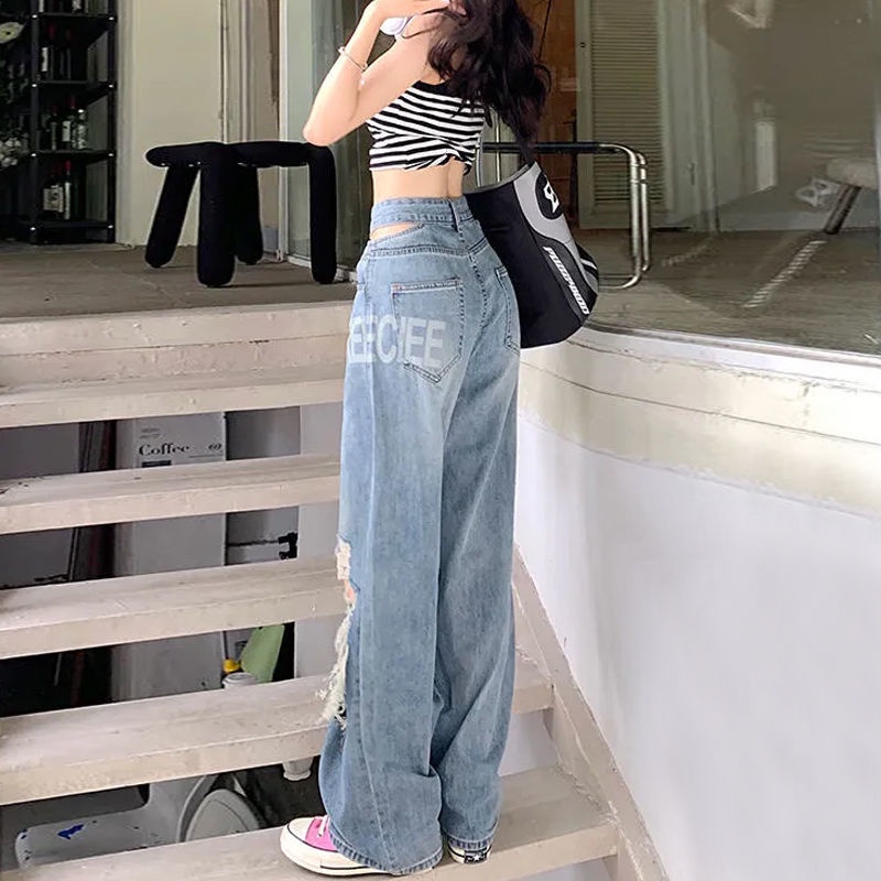 Jiashucheng Quần Jean Dài Lưng Cao Ống Rộng Phối Rách Cá Tính Dành Cho Nữ