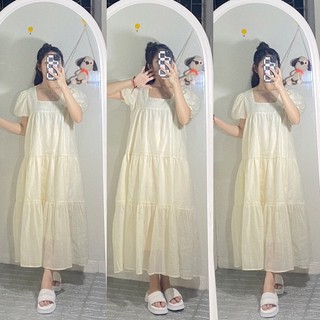 Đầm babydoll form dáng dài màu kem chất liệu voan 2 lớp