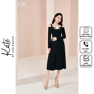 Váy đen khoét vai đính hoa trắng 5502 thời trang thiết kế Kate by Linh Nguyen
