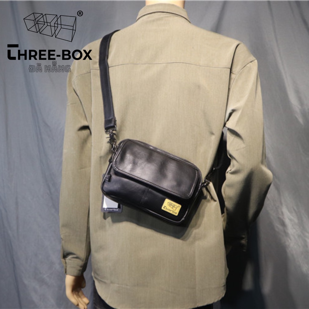 Threebox Cặp túi đeo chéo da unisex chính hãng thời trang