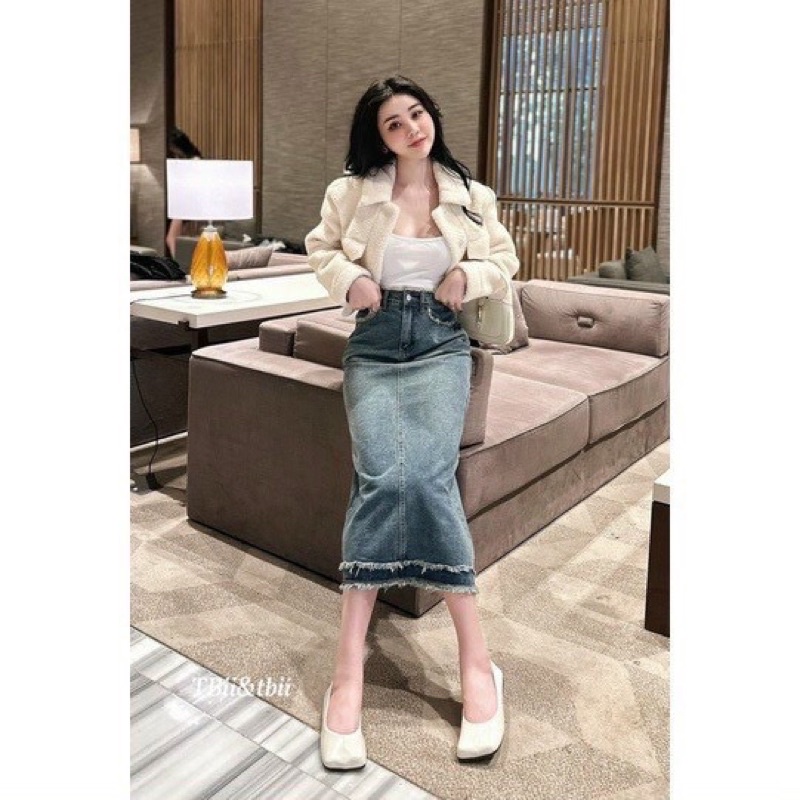 Chân váy jeans dài tua rua - mã 6877
