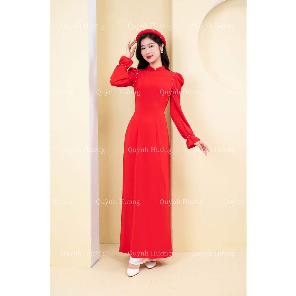 Áo dài truyền thống lụa mỹ đỏ tay chun đính hạt trai siêu xinh by Quỳnh Hương