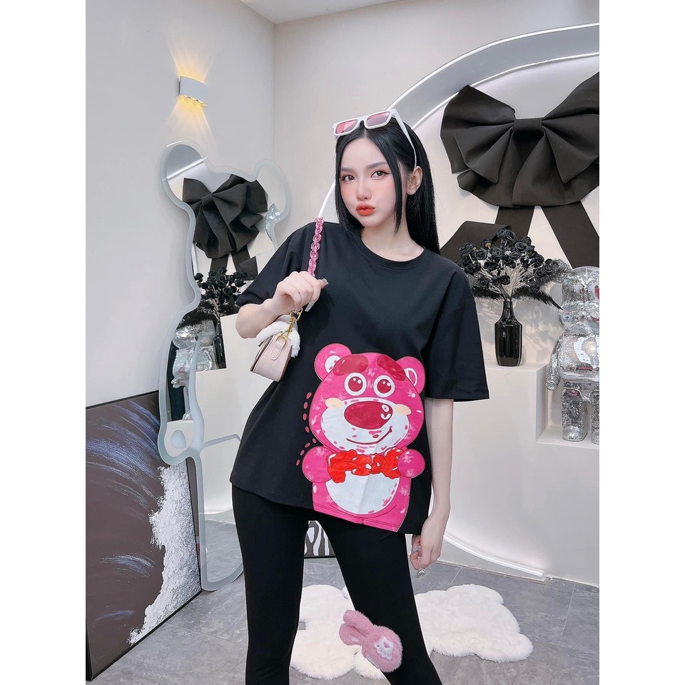 [3.3 Sales Freeship] Set bộ đi chơi, set áo thun from rộng tay ngắn in hình gấu dâu siêu hot phối quần ôm dài trẻ trung