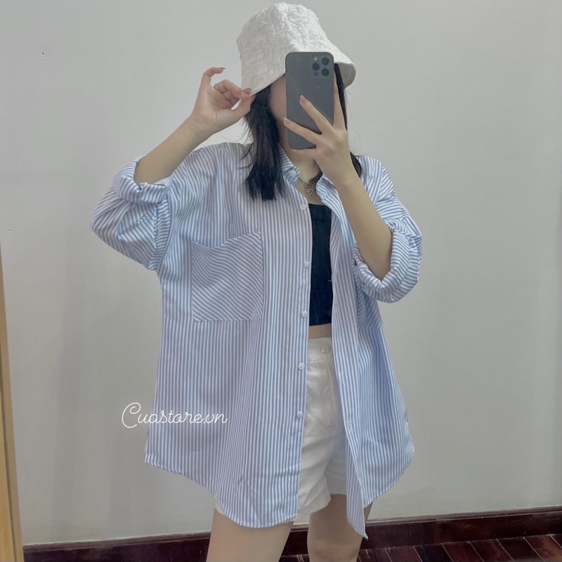 Áo sơmi kẻ sọc dài tay dáng unisex chất cotton hàng chuẩn l1