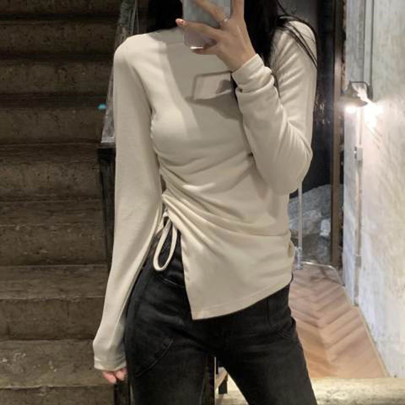 Áo Thun Tay Dài Cổ Cao Rút Dây Thời Trang Cho Nữ